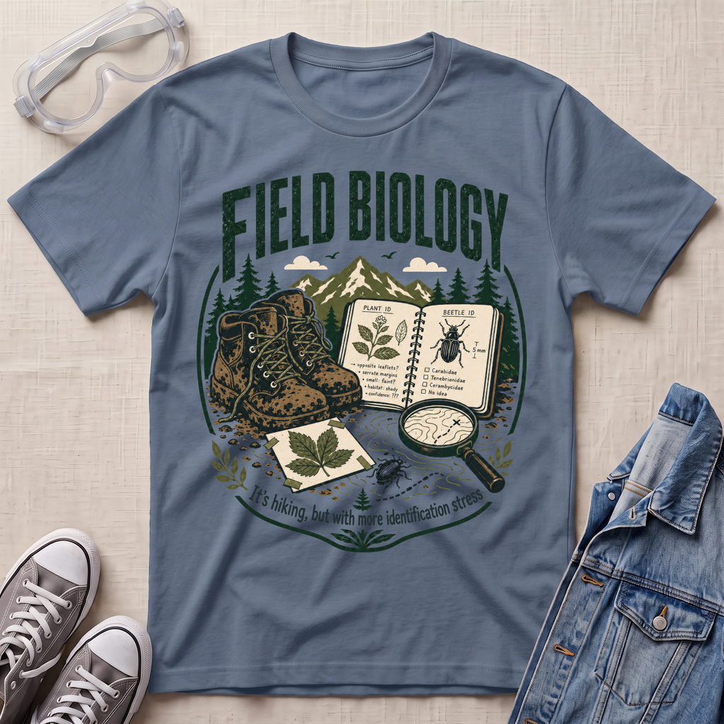 A slate blue graphic t-shirt laid flat on a beige fabric background, surrounded by styled props including safety glasses, gray sneakers, a denim jacket, and a small magnifying glass. The t-shirt features a 'Field Biology' graphic with hiking boots, an open field notebook, a leaf specimen, and a beetle illustration.