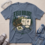 A slate blue graphic t-shirt laid flat on a beige fabric background, surrounded by styled props including safety glasses, gray sneakers, a denim jacket, and a small magnifying glass. The t-shirt features a 'Field Biology' graphic with hiking boots, an open field notebook, a leaf specimen, and a beetle illustration.