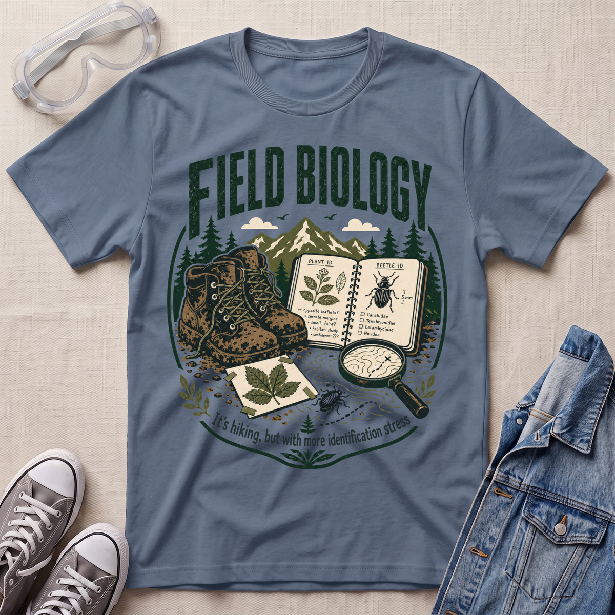 A slate blue graphic t-shirt laid flat on a beige fabric background, surrounded by styled props including safety glasses, gray sneakers, a denim jacket, and a small magnifying glass. The t-shirt features a 'Field Biology' graphic with hiking boots, an open field notebook, a leaf specimen, and a beetle illustration.