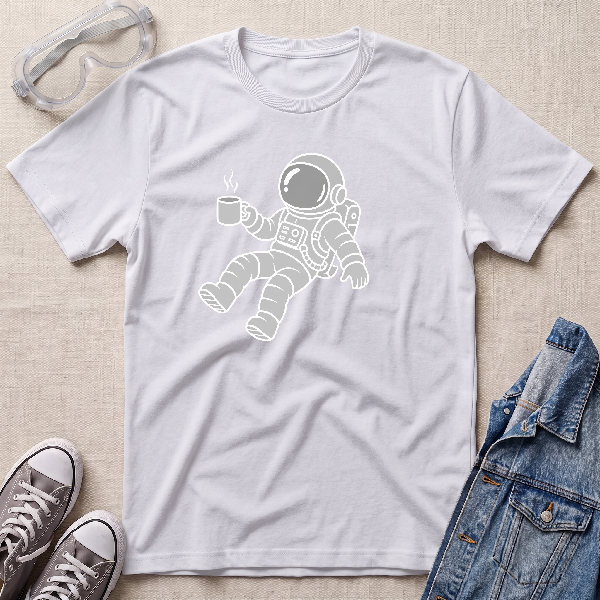 A white short-sleeve crewneck t-shirt featuring a light gray line art graphic of an astronaut floating and holding a mug. The t-shirt is styled in a flat-lay arrangement on a beige textured background, surrounded by props including safety goggles, gray sneakers, a denim jacket, and a pair of jeans.