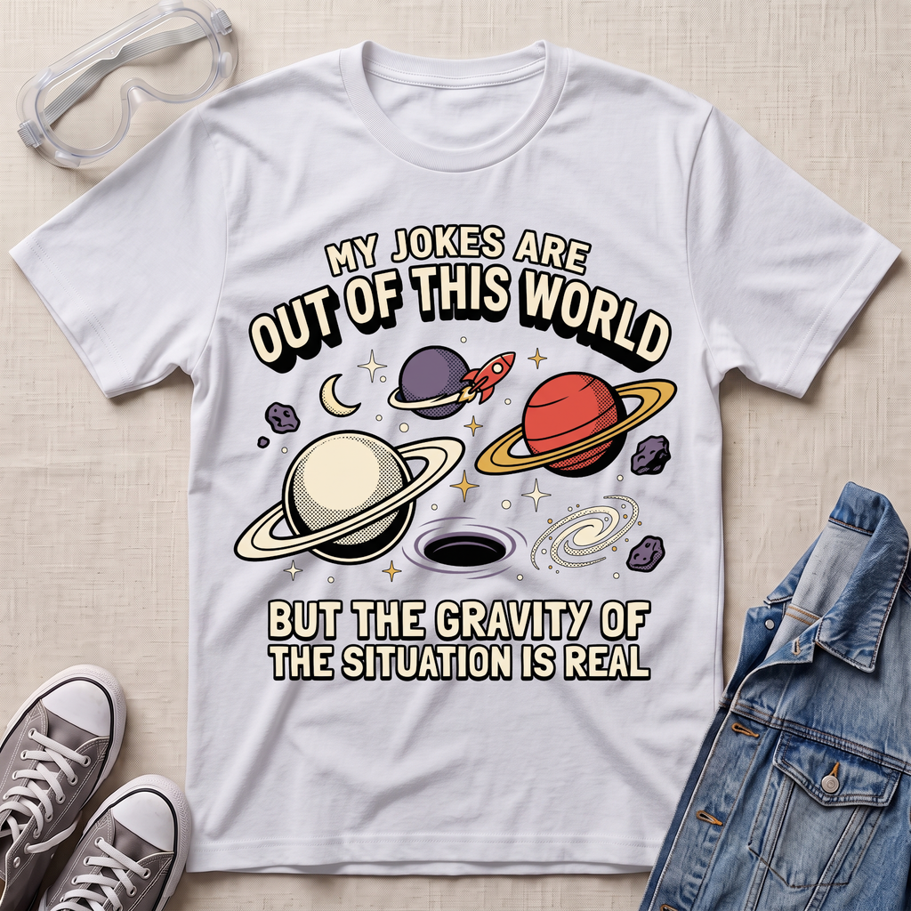 A white graphic t-shirt laid flat on a light beige textured surface, surrounded by props including clear safety goggles, gray sneakers, and a blue denim jacket. The t-shirt features a colorful space-themed graphic with planets, a black hole, and the text 'MY JOKES ARE OUT OF THIS WORLD BUT THE GRAVITY OF THE SITUATION IS REAL'.