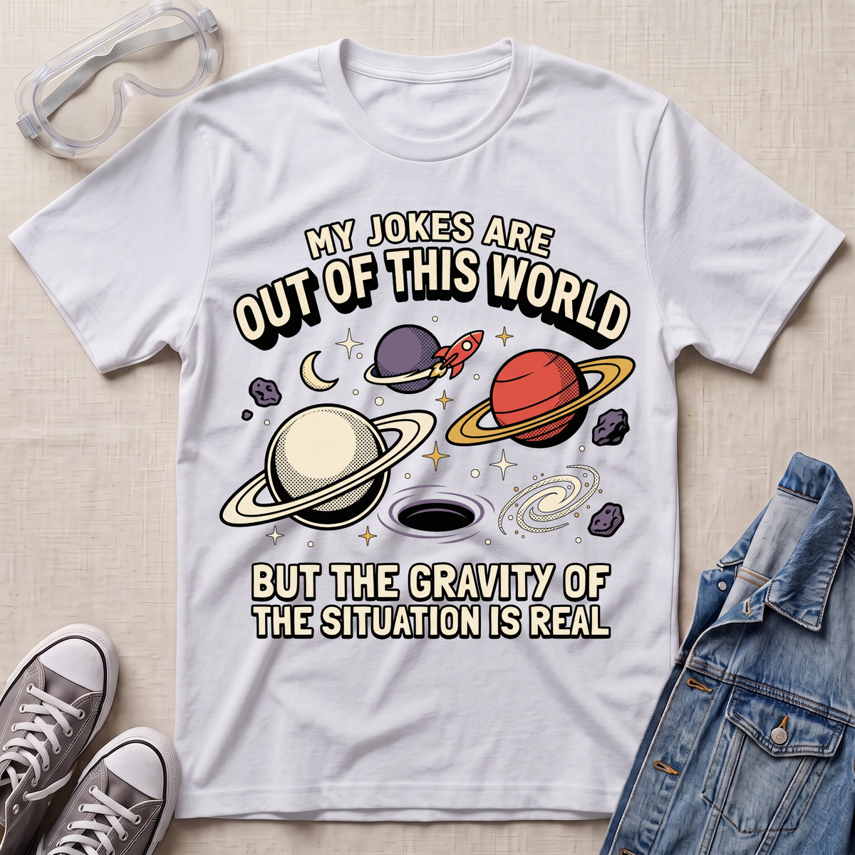 A white graphic t-shirt laid flat on a light beige textured surface, surrounded by props including clear safety goggles, gray sneakers, and a blue denim jacket. The t-shirt features a colorful space-themed graphic with planets, a black hole, and the text 'MY JOKES ARE OUT OF THIS WORLD BUT THE GRAVITY OF THE SITUATION IS REAL'.
