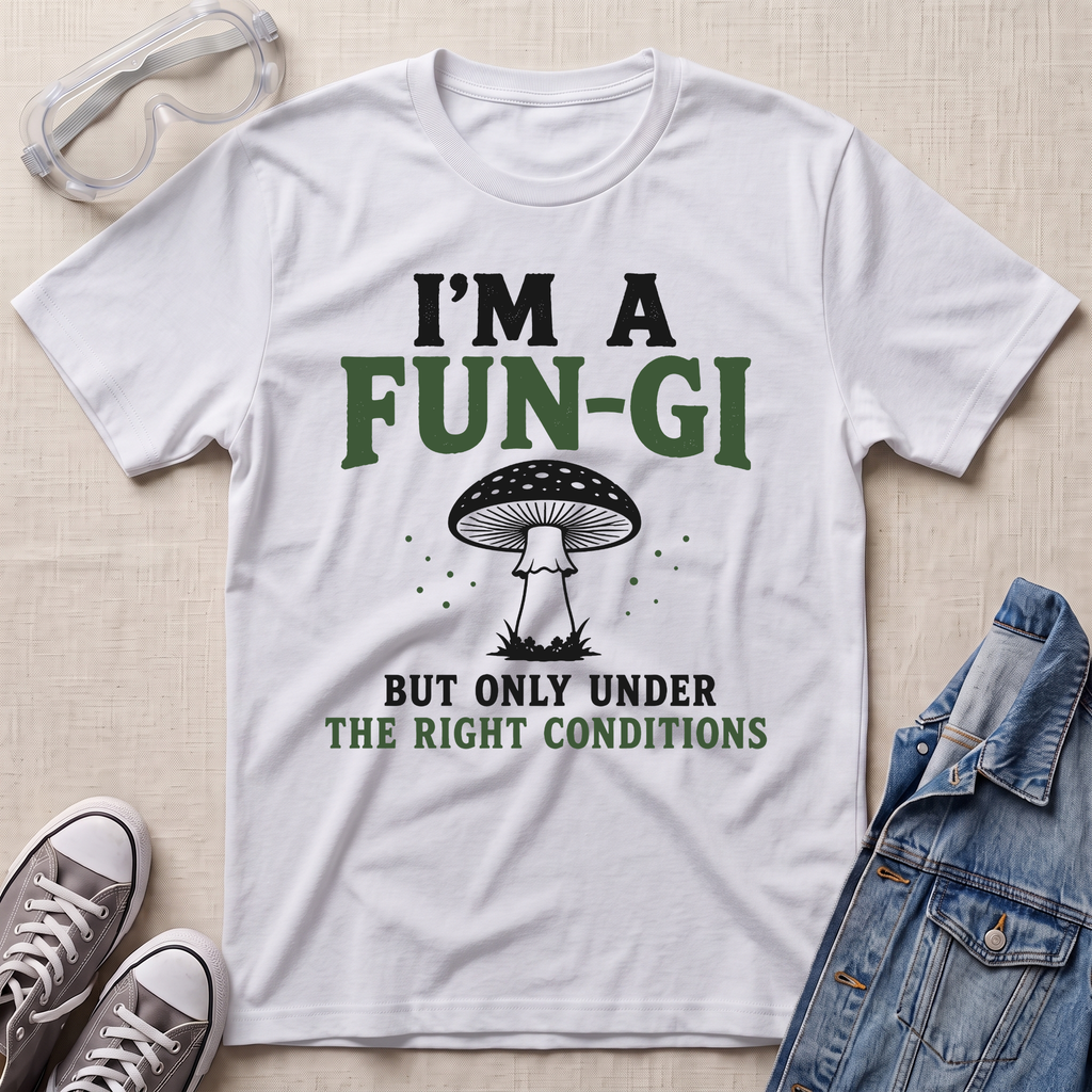 A white graphic t-shirt laid flat on a light beige textured background, styled with safety goggles, gray sneakers, and a denim jacket. The t-shirt features a mushroom illustration and the text 'I'M A FUN-GI BUT ONLY UNDER THE RIGHT CONDITIONS' in green and black.