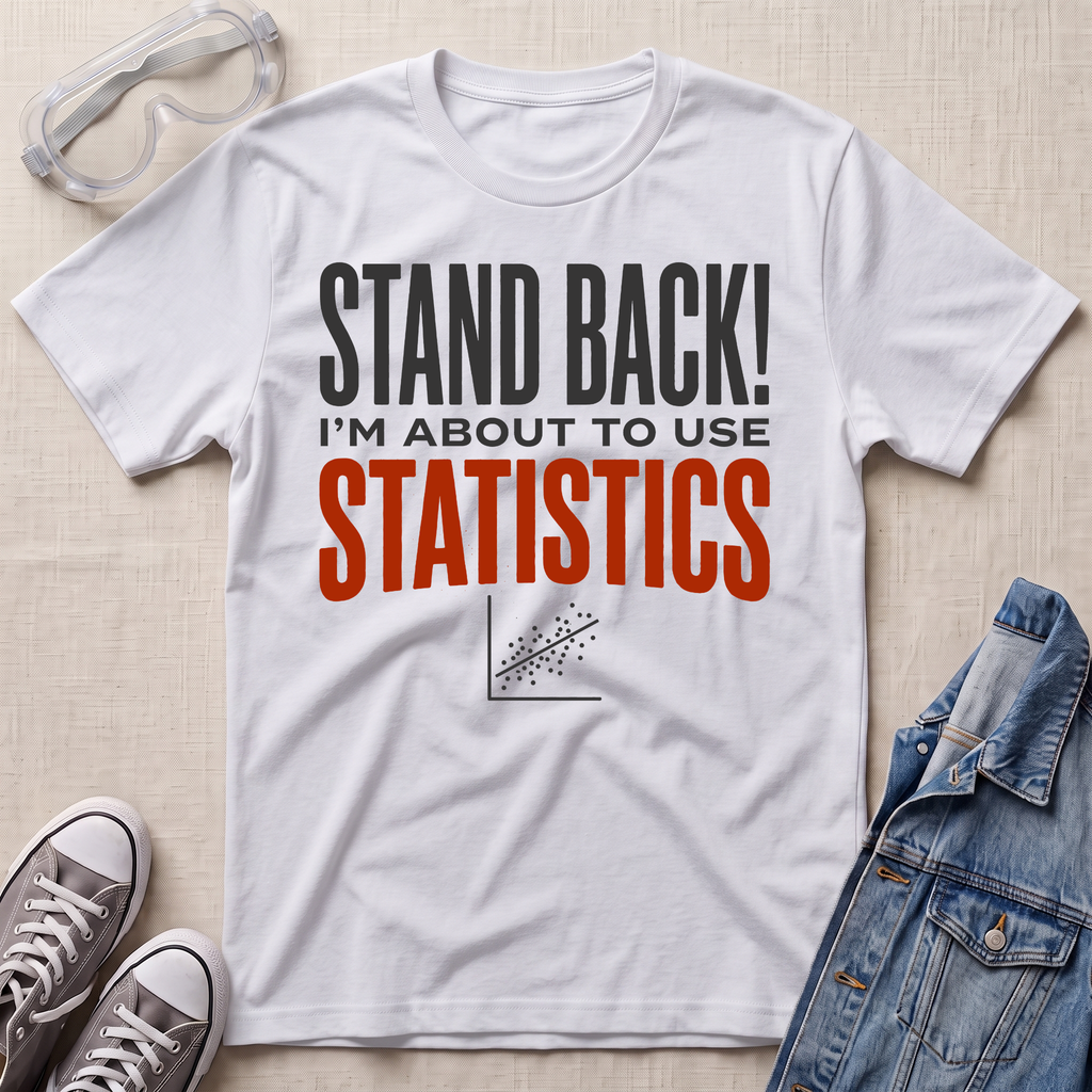 A white graphic t-shirt laid flat on a light beige textured background, surrounded by props including safety goggles, gray sneakers, and a blue denim jacket. The t-shirt features the text 'STAND BACK! I'M ABOUT TO USE STATISTICS' in black and orange lettering, with a small scatterplot graphic below.