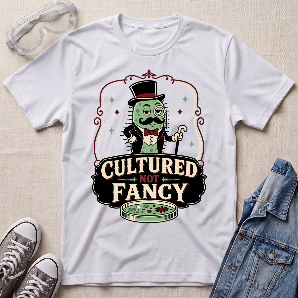 A white graphic t-shirt laid flat on a light beige fabric background, styled with clear safety goggles, gray sneakers, and a blue denim jacket. The t-shirt features a cartoon green microbe character in a top hat and bow tie above the text 'CULTURED NOT FANCY' with a petri dish graphic.