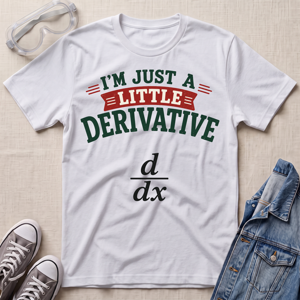 A white graphic t-shirt laid flat on a light beige textured background, styled with clear safety goggles, gray sneakers, and a blue denim jacket. The t-shirt features the text 'I'M JUST A LITTLE DERIVATIVE' in green and red, with the black derivative formula printed below.