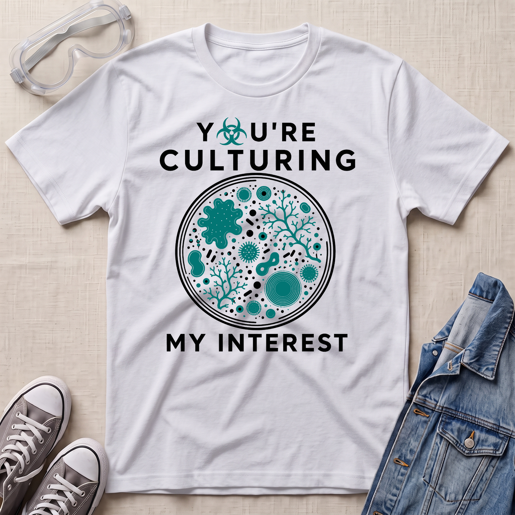 A white graphic t-shirt laid flat on a light beige fabric background, styled with safety goggles, gray sneakers, and a denim jacket. The t-shirt features a circular petri-dish-style graphic with teal microorganisms and the text 'YOU'RE CULTURING MY INTEREST' in black and teal.