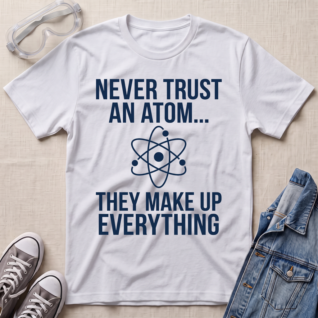 A white graphic t-shirt with white text reading 'NEVER TRUST AN ATOM.' and 'THEY MAKE UP EVERYTHING' with an image of an atom in between the texts.