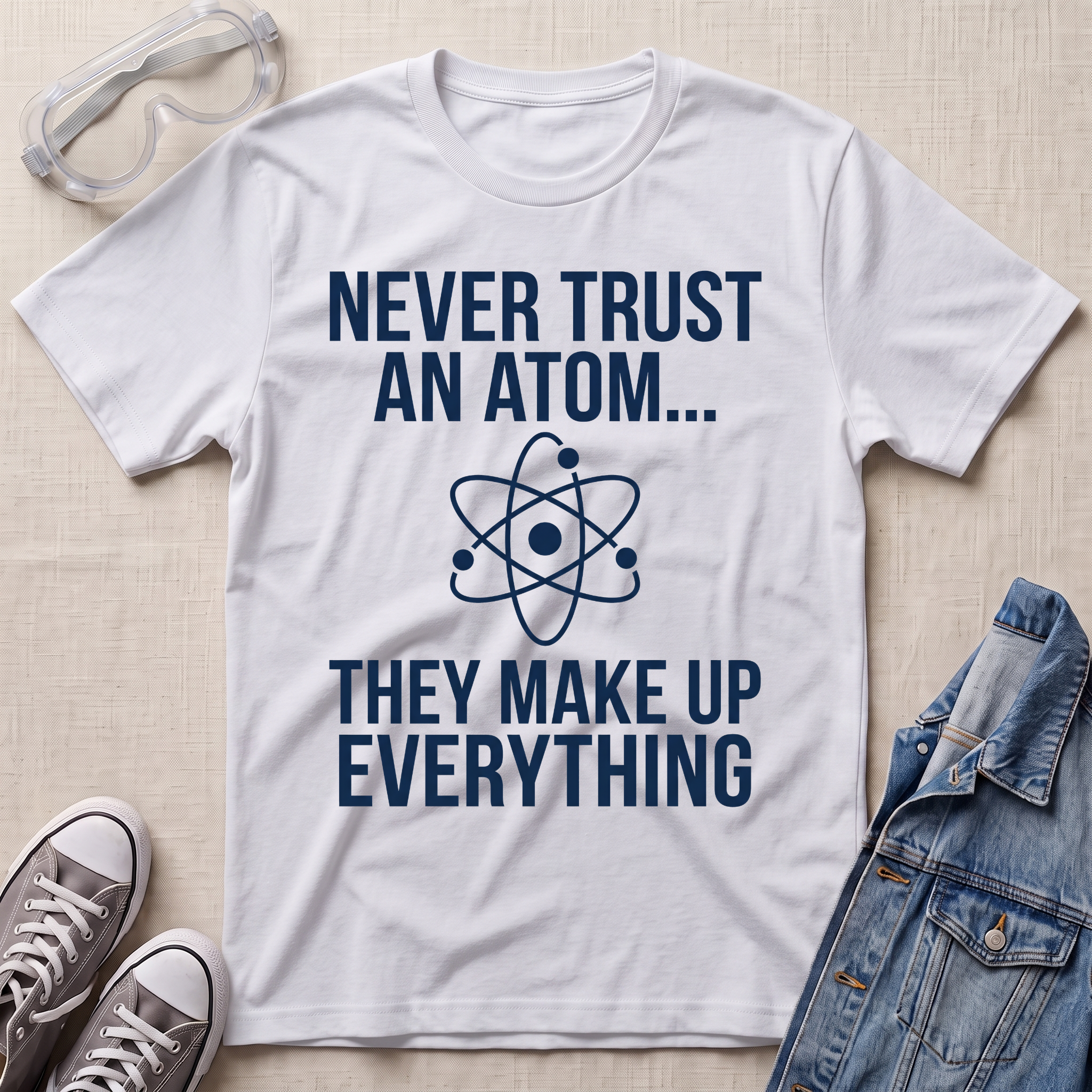 A white graphic t-shirt with white text reading 'NEVER TRUST AN ATOM.' and 'THEY MAKE UP EVERYTHING' with an image of an atom in between the texts.
