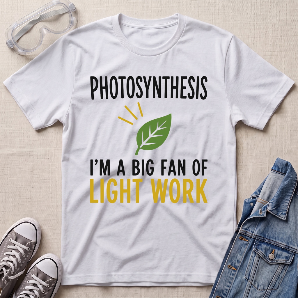A white graphic t-shirt laid flat on a light beige textured background, surrounded by styling props including clear safety goggles, gray sneakers, and a blue denim jacket. The t-shirt features a green leaf graphic and the text 'PHOTOSYNTHESIS I'M A BIG FAN OF LIGHT WORK' in black and yellow.