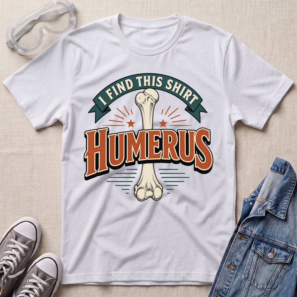 A white graphic t-shirt laid flat on a light wood surface, featuring a bone graphic and the text 'I FIND THIS SHIRT HUMERUS' in orange and green. The shirt is styled with safety glasses, gray sneakers, and a denim jacket.