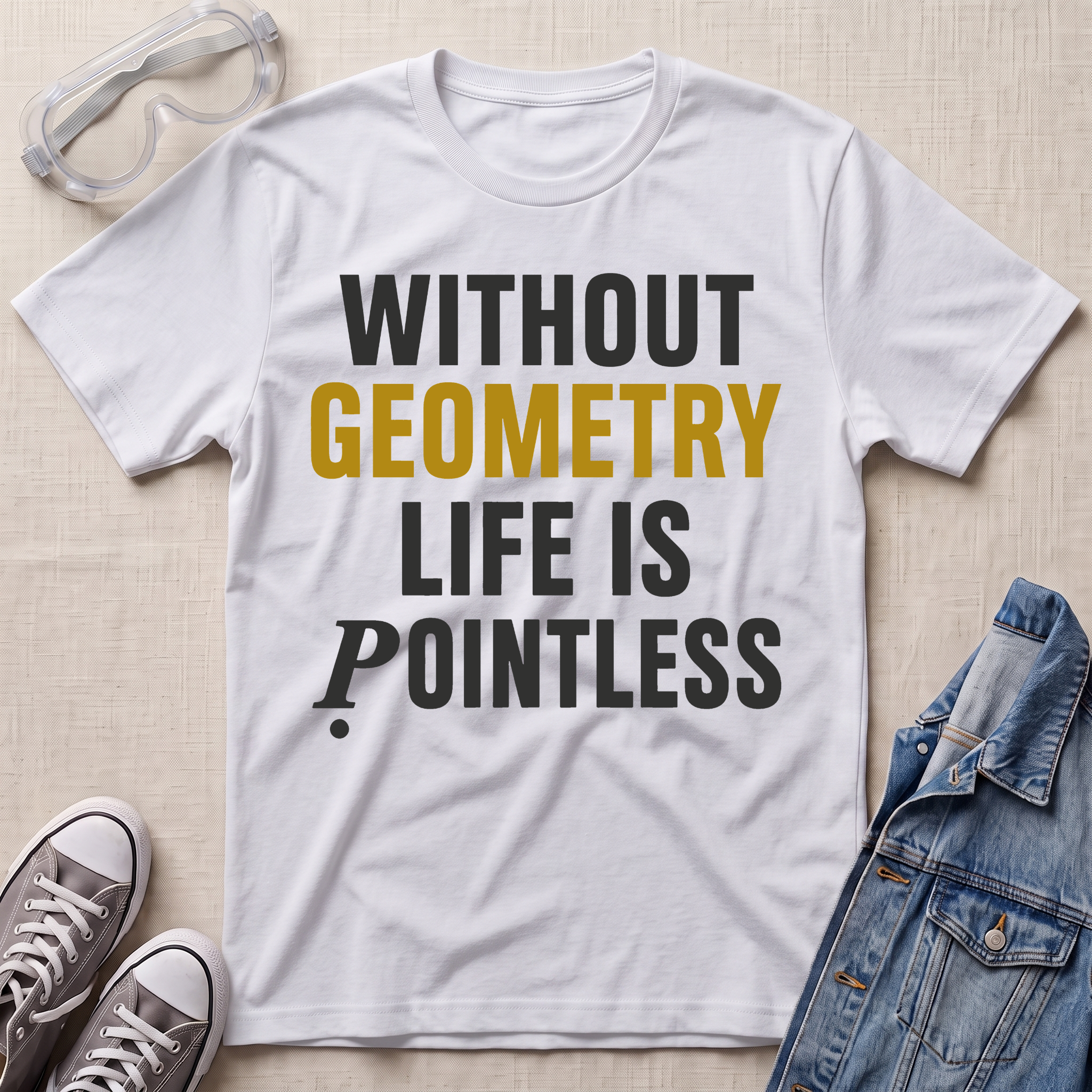 A white graphic t-shirt laid flat on a light beige textured background, surrounded by styling props including safety goggles, gray sneakers, and a denim jacket. The t-shirt features the text 'WITHOUT GEOMETRY LIFE IS POINTLESS' in bold black and mustard yellow lettering.