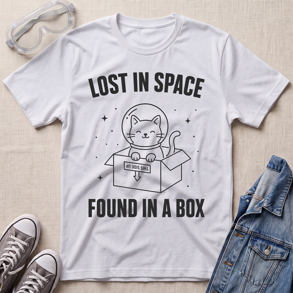 A white graphic t-shirt laid flat on a light beige fabric background, styled with safety goggles, gray sneakers, and a denim jacket. The t-shirt features a black cartoon graphic of a cat in a space helmet popping out of a box, with the text 'LOST IN SPACE' above and 'FOUND IN A BOX' below.