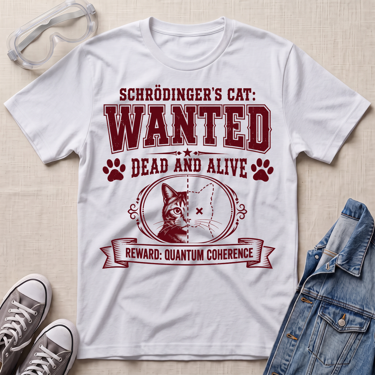 A white graphic T-shirt laid flat on a light fabric background, styled with clear safety goggles, gray sneakers, and a blue denim jacket. The shirt features a maroon 'WANTED' cat-themed print reading 'Schrödinger's Cat: Dead and Alive' with paw prints and a cat illustration.