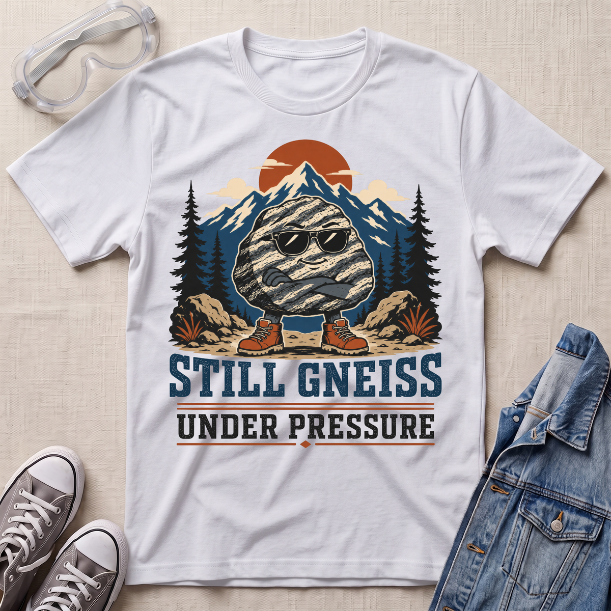 A white graphic t-shirt laid flat on a light beige textured background, styled with safety glasses, gray sneakers, and a blue denim jacket. The t-shirt features a cartoon graphic of a gneiss rock wearing sunglasses in front of mountains and pine trees, with the text 'STILL GNEISS UNDER PRESSURE'.