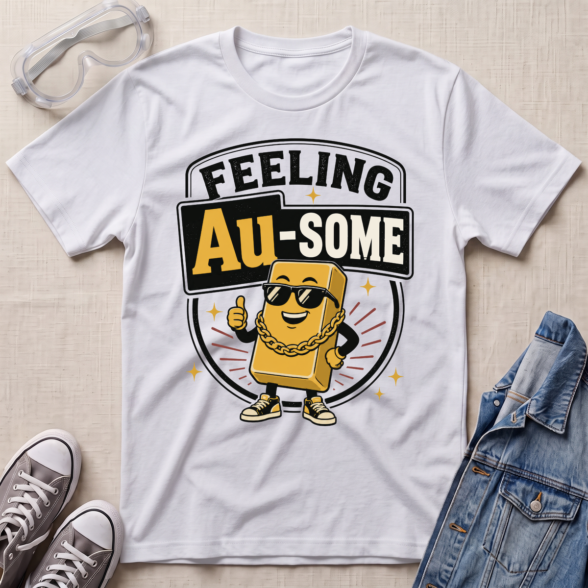 A white graphic t-shirt featuring a cartoon gold bar character wearing sunglasses and a gold chain with the text 'FEELING Au-SOME'. The t-shirt is styled in a flat-lay arrangement with clear safety glasses, gray sneakers, and a blue denim jacket on a textured beige background.