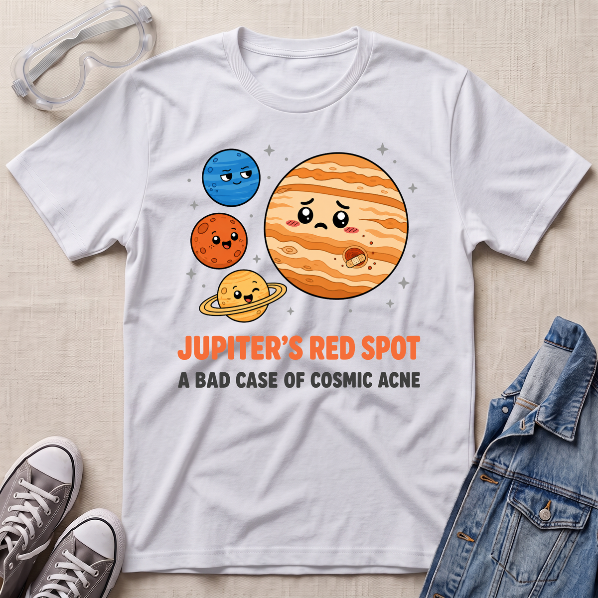 A white graphic t-shirt laid flat on a light beige textured background, styled with clear safety goggles, gray sneakers, and a blue denim jacket. The t-shirt features a cartoon graphic of three planets (Jupiter, Mars, and Saturn) with sad faces and the text 'JUPITER'S RED SPOT A BAD CASE OF COSMIC ACNE'.