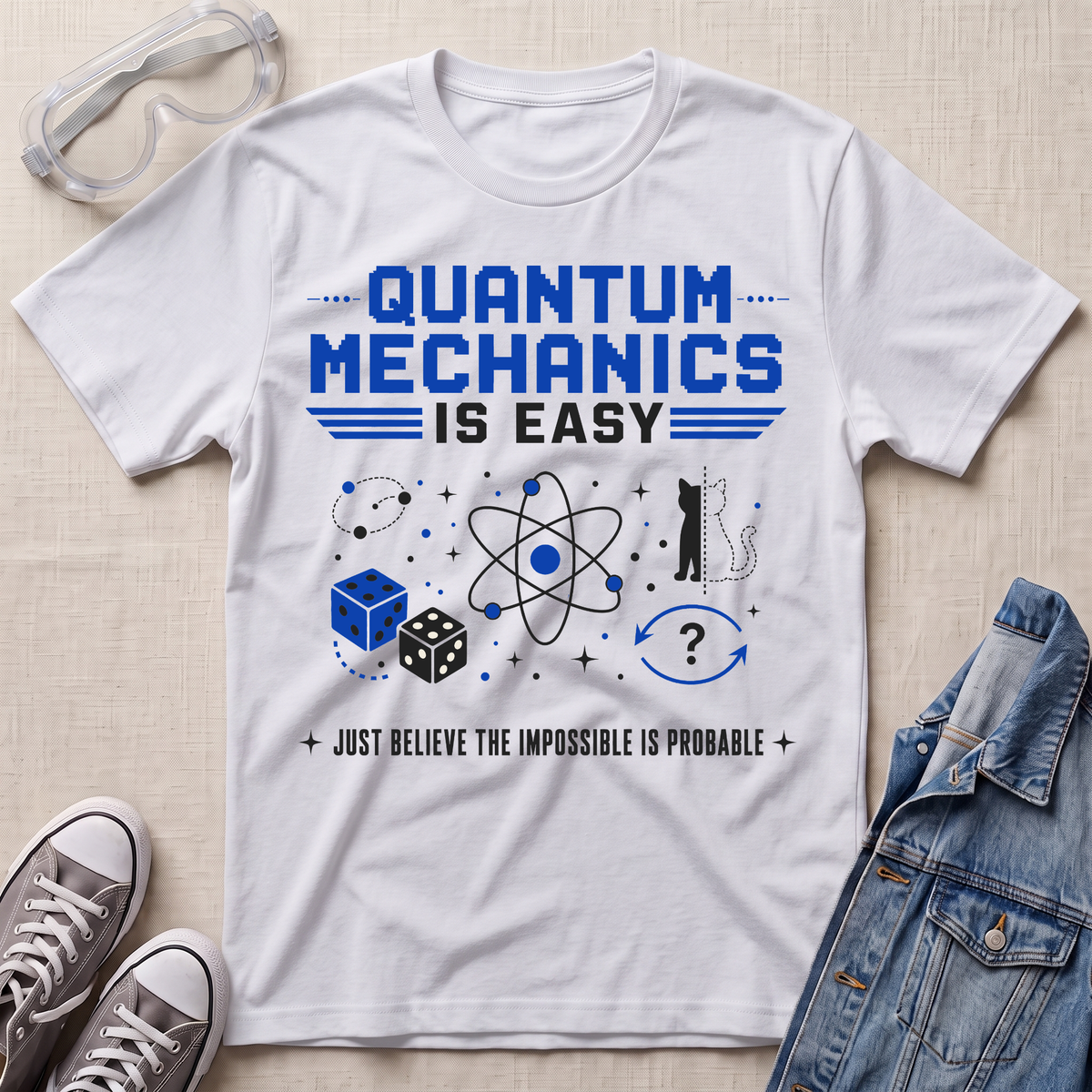 A white short-sleeve graphic T-shirt laid flat on a light beige fabric background, styled with clear safety goggles, gray sneakers, and a blue denim jacket. The shirt has a large blue and black 'QUANTUM MECHANICS IS EASY' print with atom, cube, die, and question mark graphics.