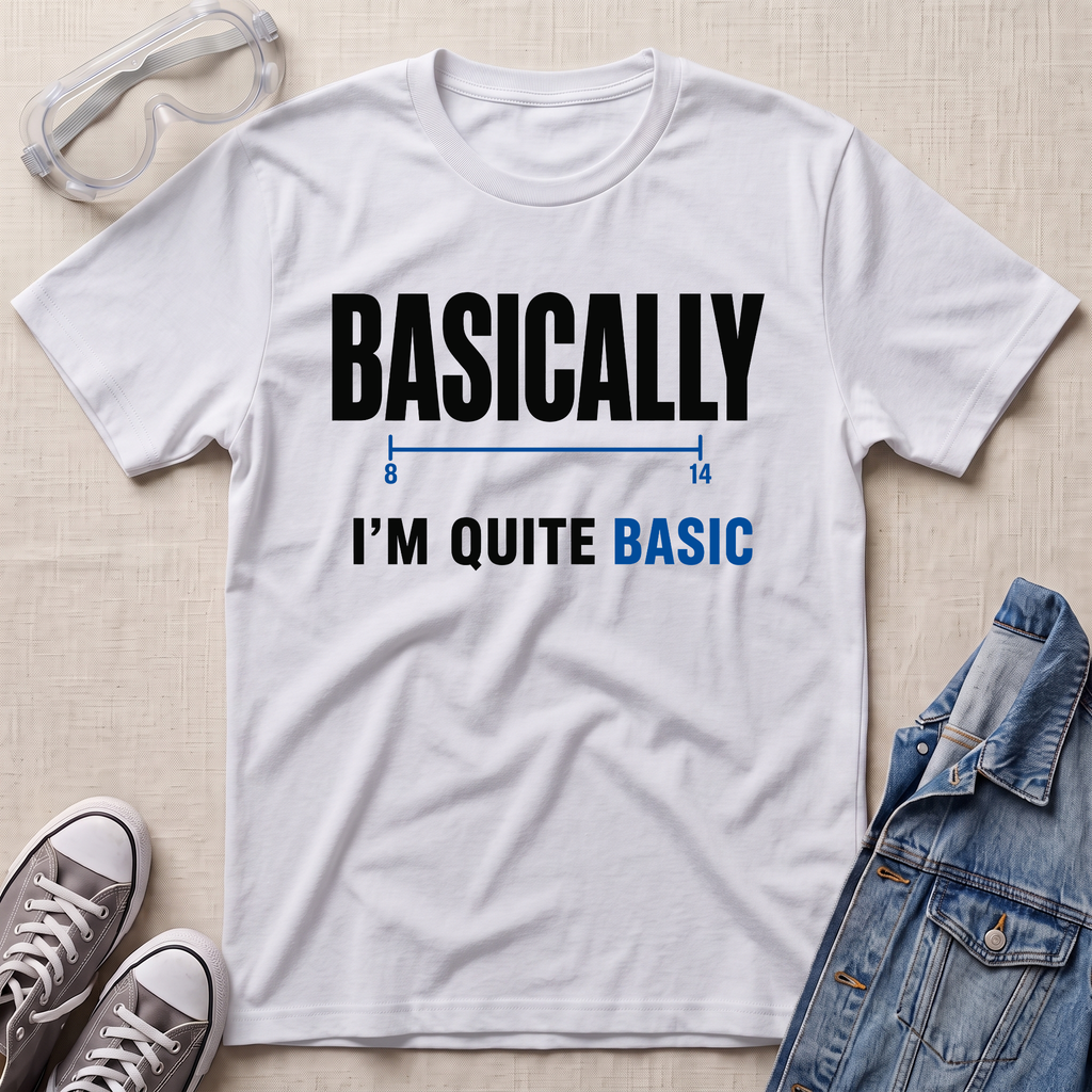 A white graphic t-shirt laid flat on a light beige textured background, styled with safety goggles, gray sneakers, and a denim jacket. The t-shirt features a black and blue graphic that reads 'BASICALLY I'M QUITE BASIC' with a simple line diagram.