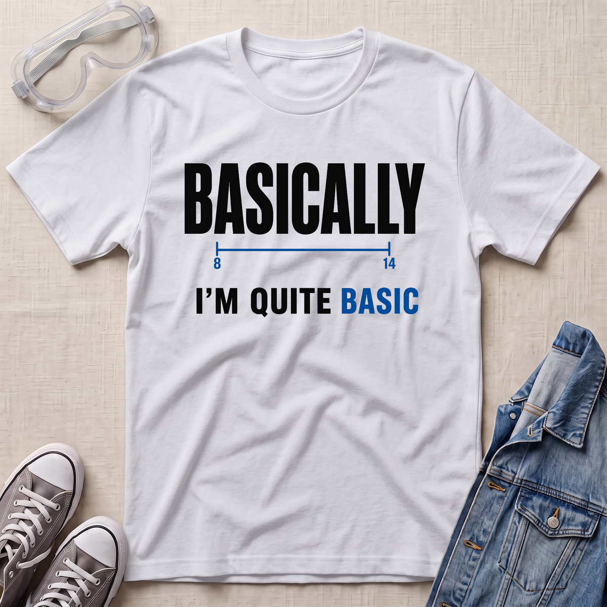 A white graphic t-shirt laid flat on a light beige textured background, styled with safety goggles, gray sneakers, and a denim jacket. The t-shirt features a black and blue graphic that reads 'BASICALLY I'M QUITE BASIC' with a simple line diagram.
