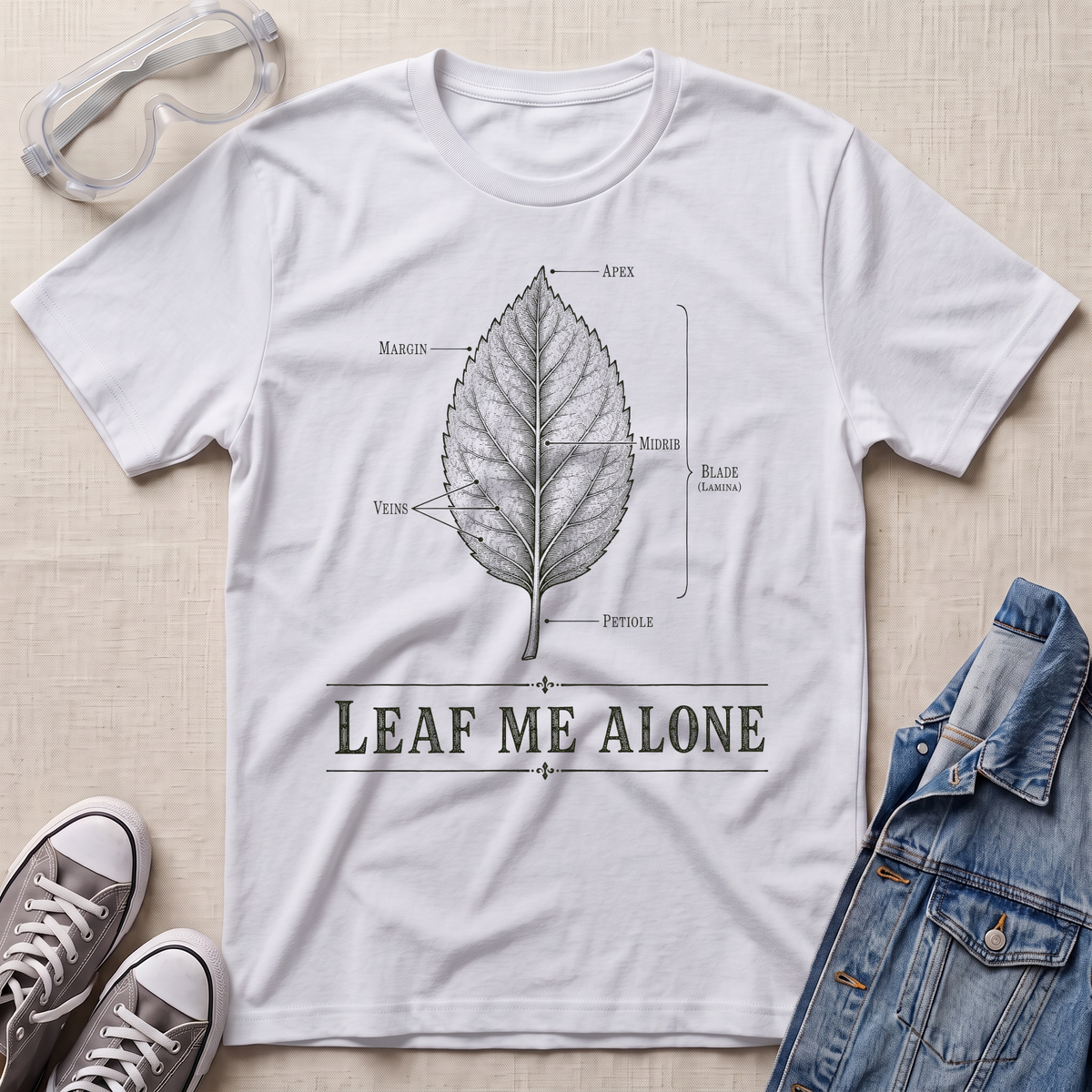 A white botanical t-shirt featuring a vintage labeled leaf anatomy illustration with the pun “Leaf Me Alone” in bold retro typography.
