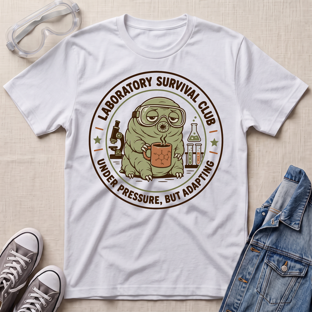 A white short-sleeve graphic T-shirt laid flat on a light fabric surface, surrounded by styling props including safety goggles, gray sneakers, and a denim jacket. The shirt features a circular vintage-style print with an alien holding a mug and the text 'Laboratory Survival Club' and 'Under Pressure, But Adapting.