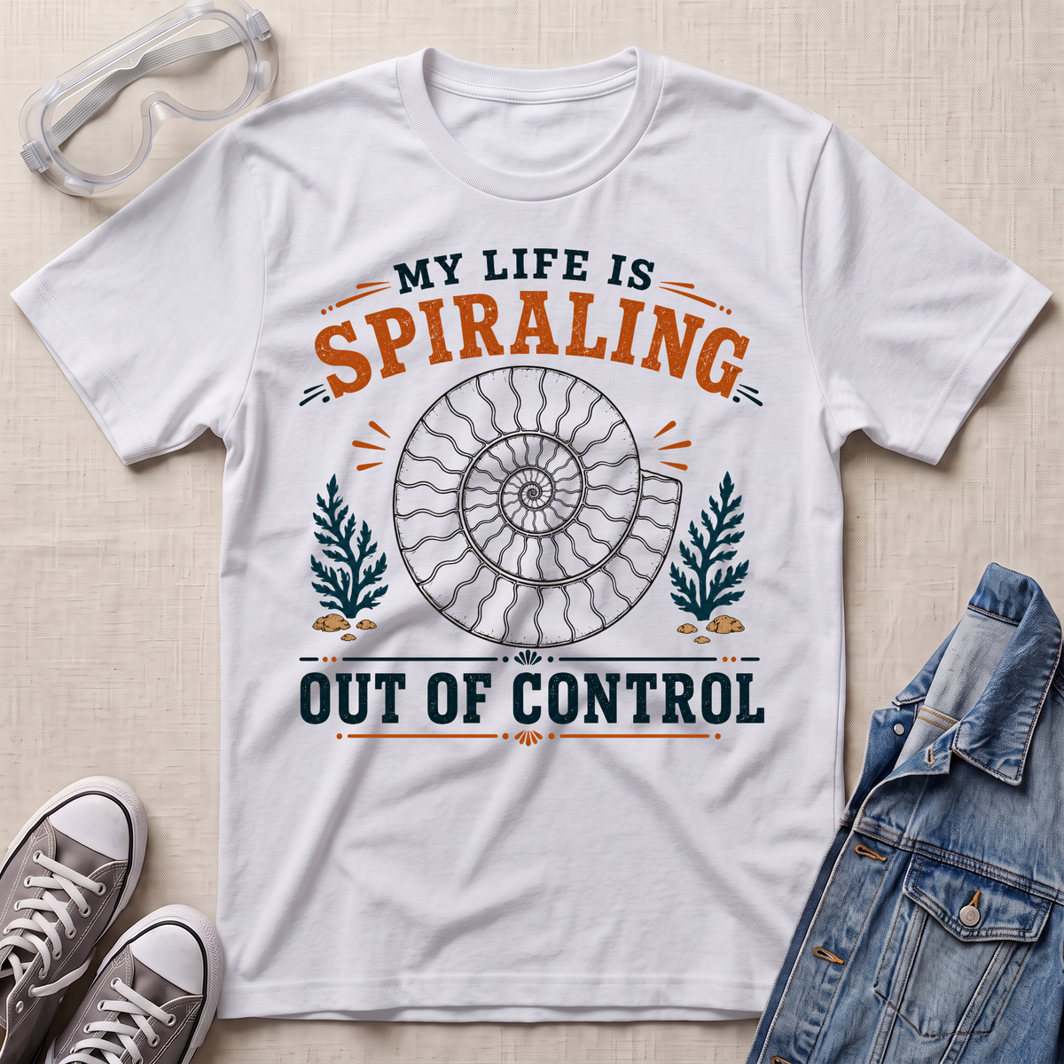 A white graphic t-shirt laid flat on a light beige textured background, surrounded by styling props including clear safety glasses, gray sneakers, and a blue denim jacket. The t-shirt features a circular spiral illustration with the text 'MY LIFE IS SPIRALING OUT OF CONTROL' in orange and dark teal.