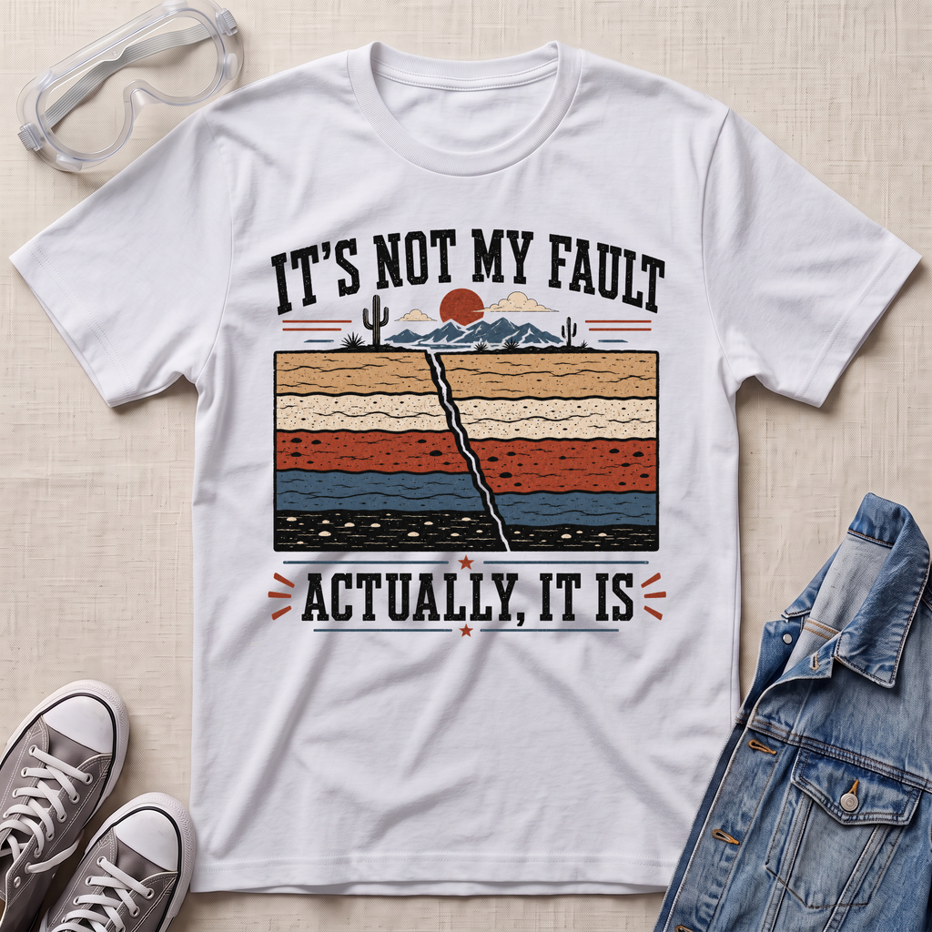 A white graphic t-shirt laid flat on a light beige textured background, styled with clear safety glasses, gray sneakers, and a blue denim jacket. The t-shirt features a retro-style cross-section graphic of layered earth with a crack running through the center, accompanied by the text 'IT'S NOT MY FAULT ACTUALLY, IT IS'.