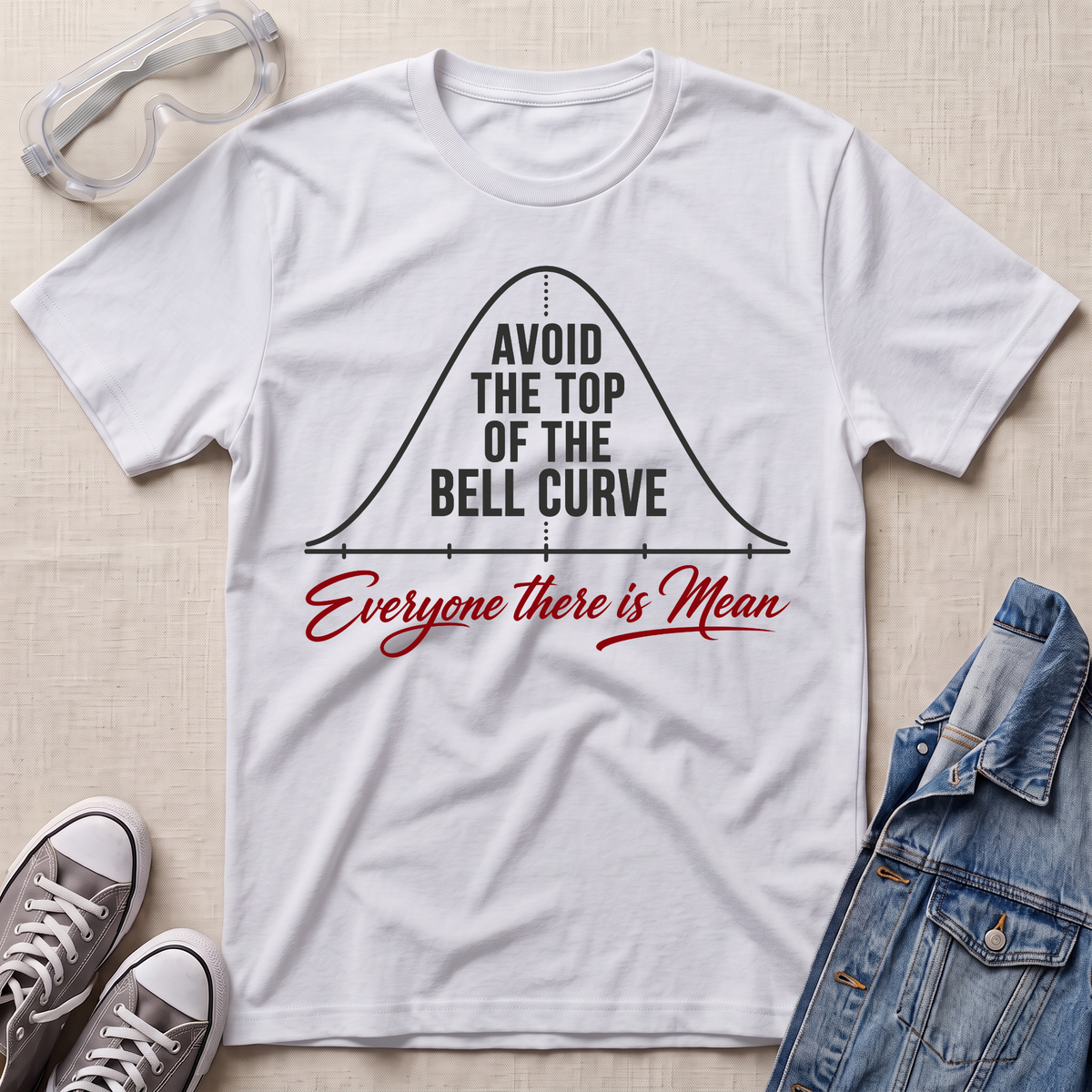 A white graphic t-shirt laid flat on a light beige textured background, styled with safety goggles, gray sneakers, and a denim jacket. The t-shirt features a black bell curve graphic with the text 'AVOID THE TOP OF THE BELL CURVE' and 'Everyone there is Mean' in red script.