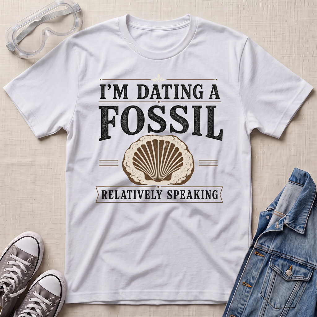 A white graphic t-shirt laid flat on a textured beige fabric background, styled with safety goggles, gray sneakers, and a denim jacket. The t-shirt features a black and beige graphic that reads 'I'M DATING A FOSSIL RELATIVELY SPEAKING' with a seashell illustration.