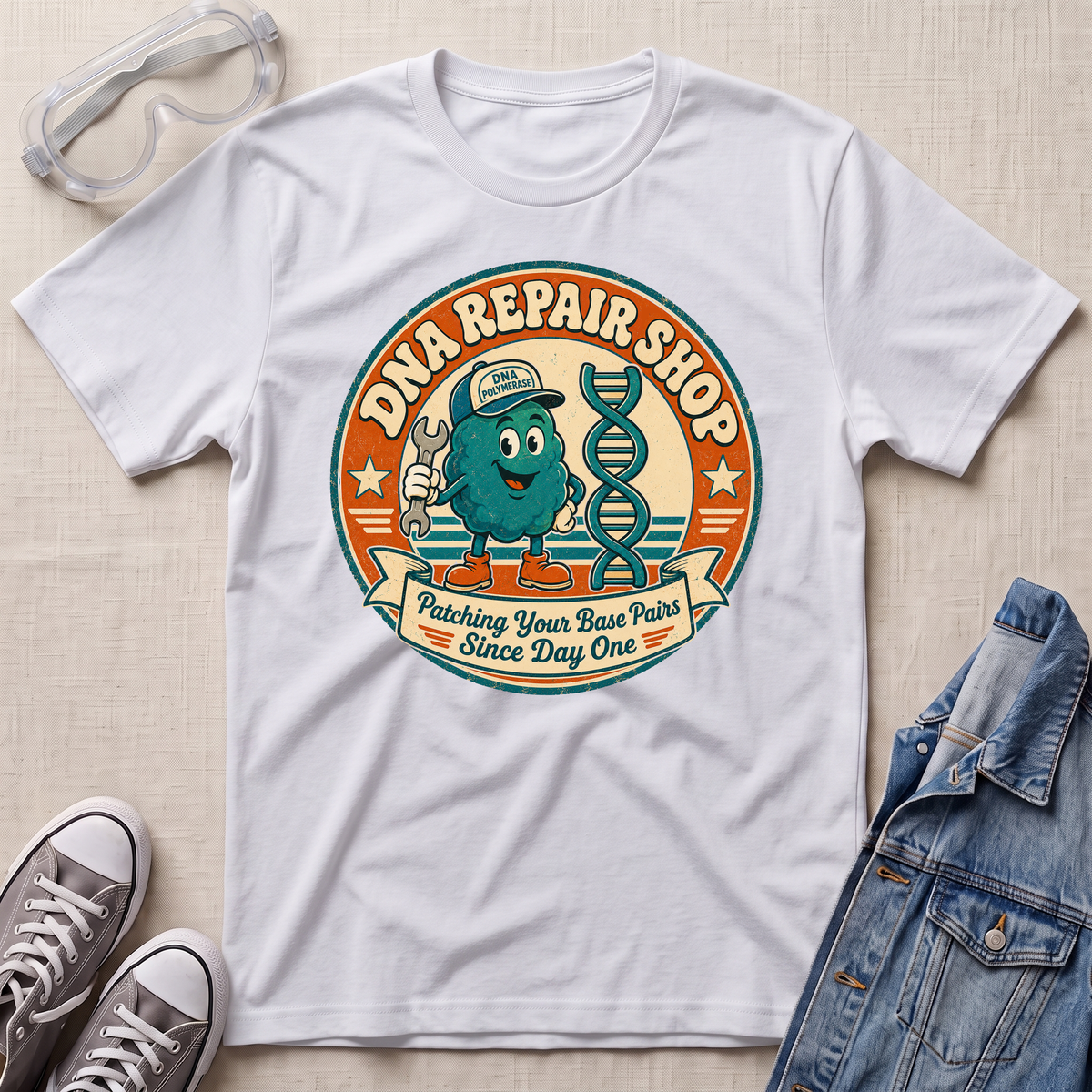 A white short-sleeve graphic T-shirt laid flat on a light fabric surface, surrounded by styling props including clear safety glasses, gray sneakers, and a blue denim jacket. The shirt features a large circular retro-style graphic reading 'DNA REPAIR SHOP' with a cartoon teal repair character and a DNA double helix.