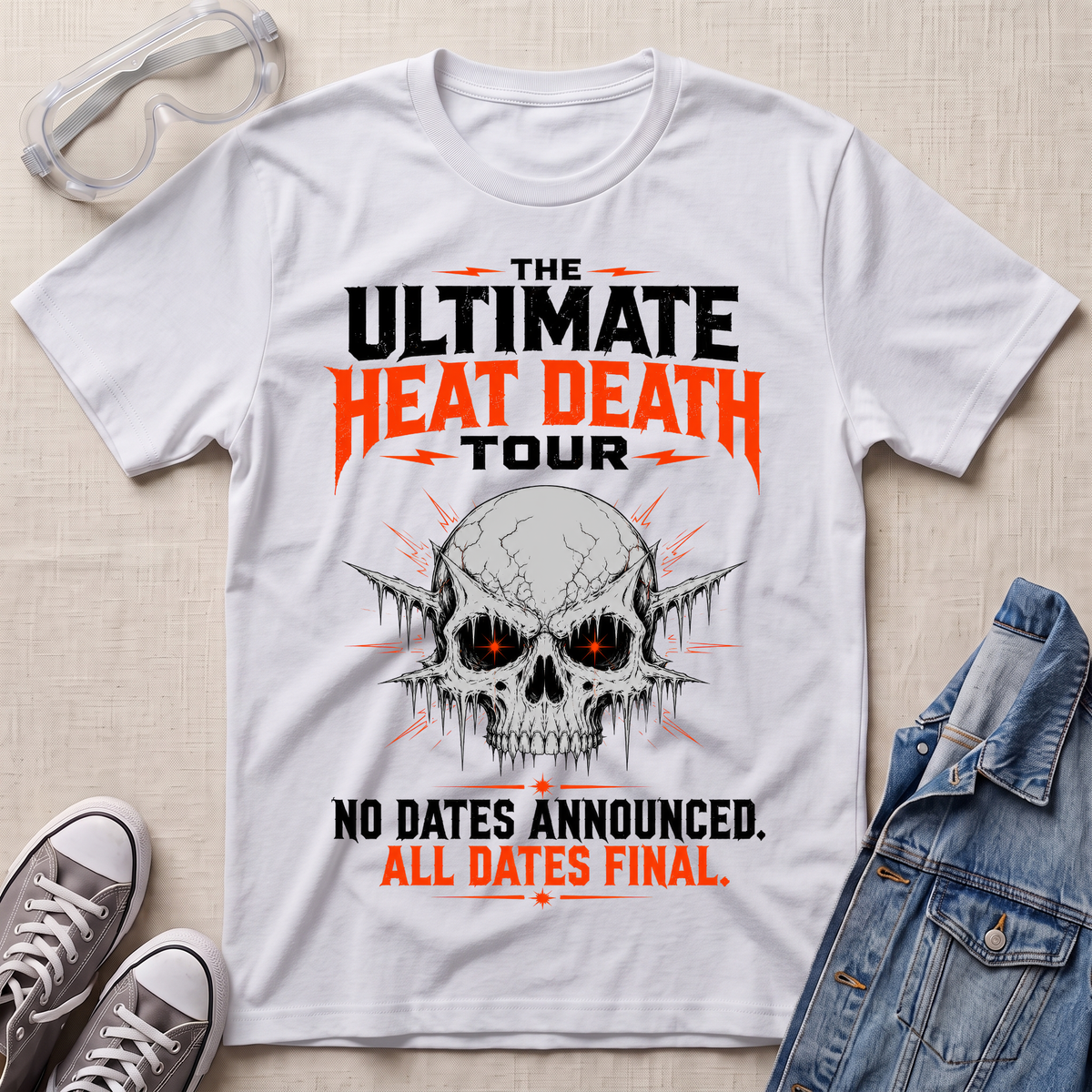 A white graphic t-shirt laid flat on a light beige fabric background, styled with clear safety goggles, gray sneakers, and a blue denim jacket. The t-shirt features a skull graphic with glowing red eyes and bold text reading 'THE ULTIMATE HEAT DEATH TOUR' and 'NO DATES ANNOUNCED.