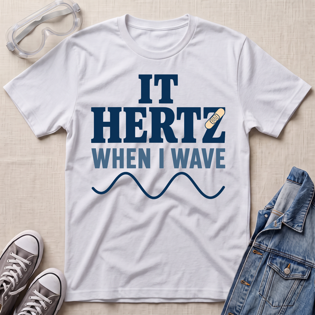 A white graphic t-shirt laid flat on a light beige textured background, styled with safety goggles, gray sneakers, and a denim jacket. The t-shirt features the text 'IT HERTZ WHEN I WAVE' in dark blue, with a small band-aid graphic and a blue wave line.