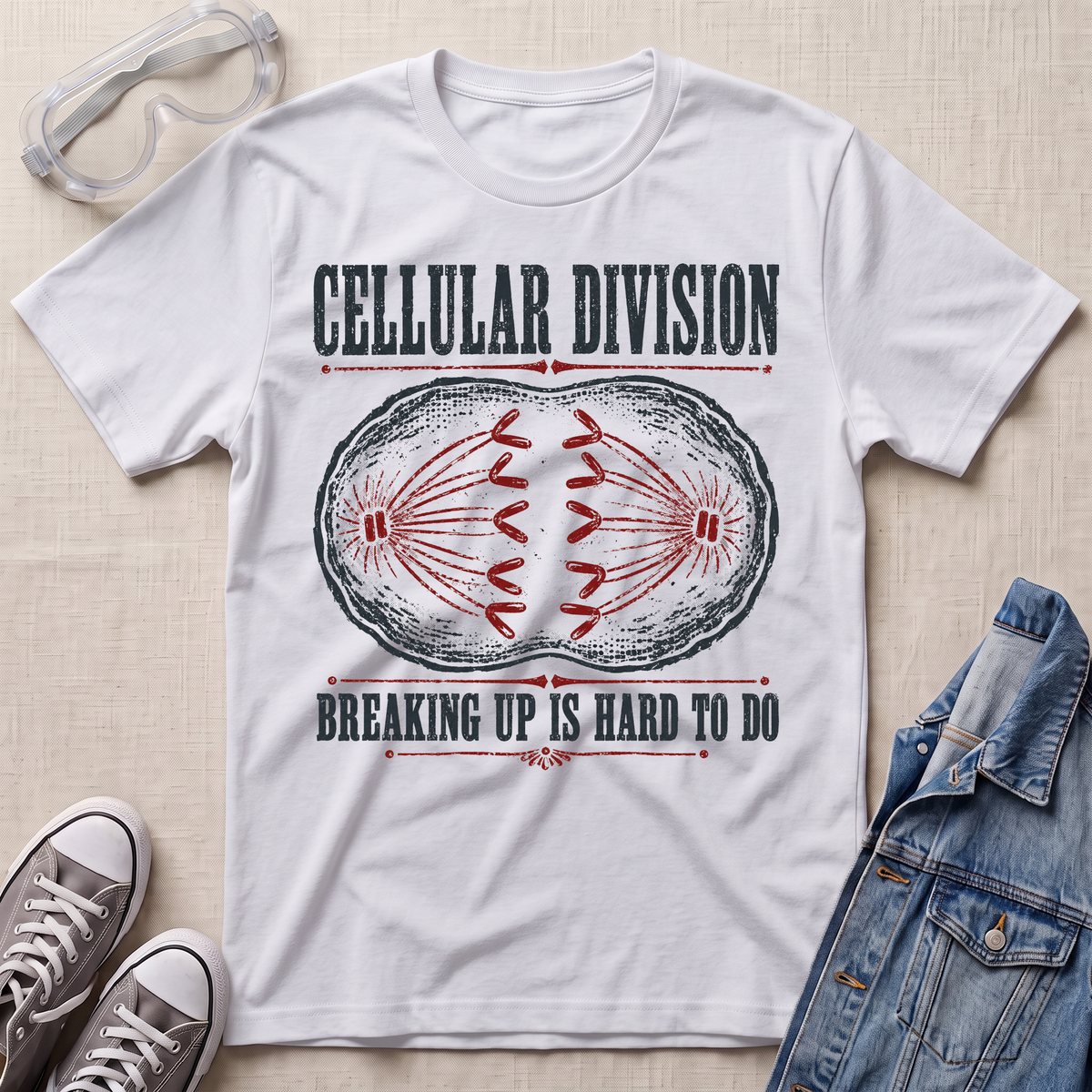 A white graphic t-shirt laid flat on a light beige fabric background, styled with clear safety goggles, gray sneakers, and a blue denim jacket. The t-shirt features a dark gray and red printed graphic of a dividing cell with the text 'CELLULAR DIVISION' and 'BREAKING UP IS HARD TO DO'.