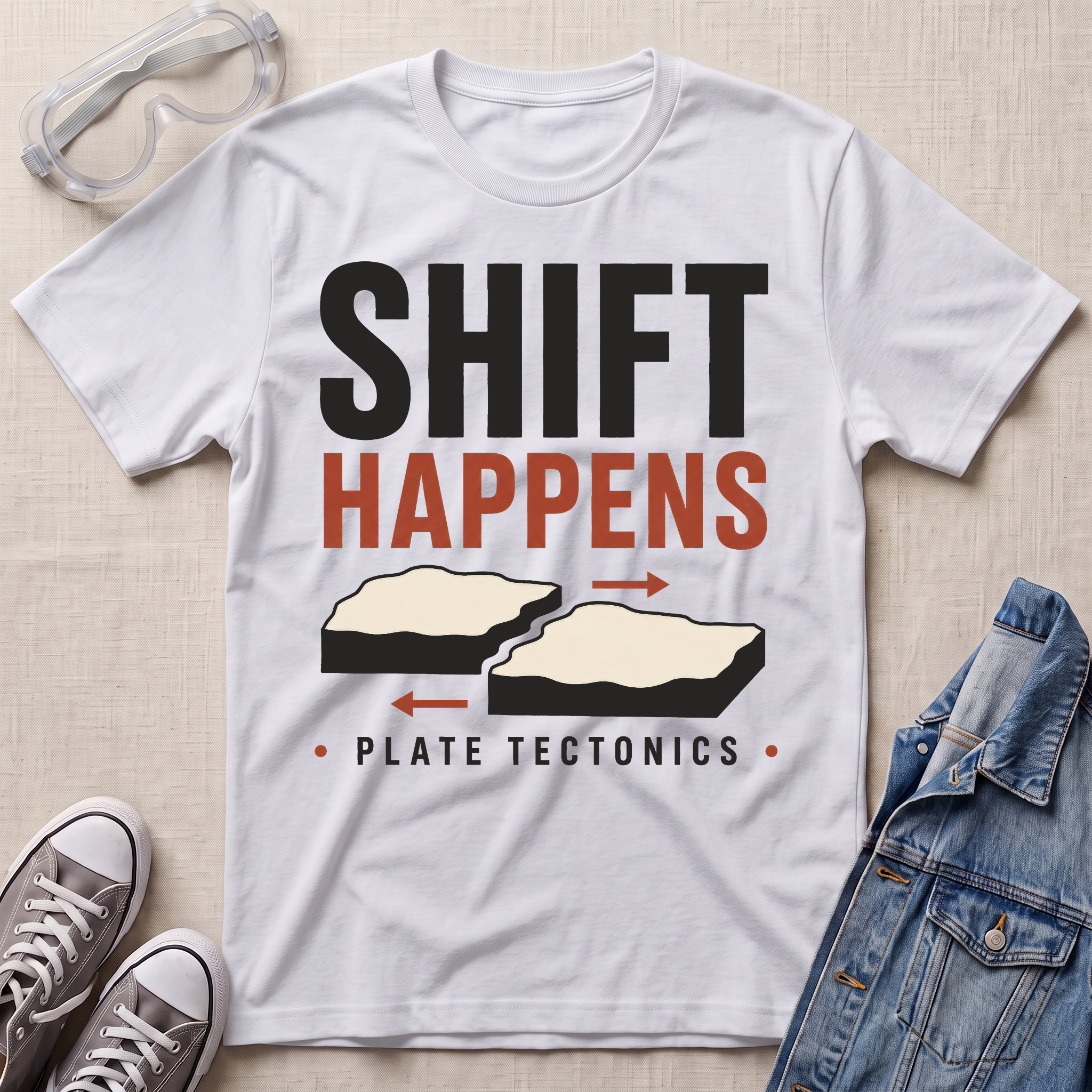 A white graphic t-shirt laid flat on a light beige textured background, styled with safety goggles, gray sneakers, and a denim jacket. The t-shirt features a retro-style graphic that reads 'SHIFT HAPPENS' in black and orange-red text, with illustrations of tectonic plates and the words 'PLATE TECTONICS'.