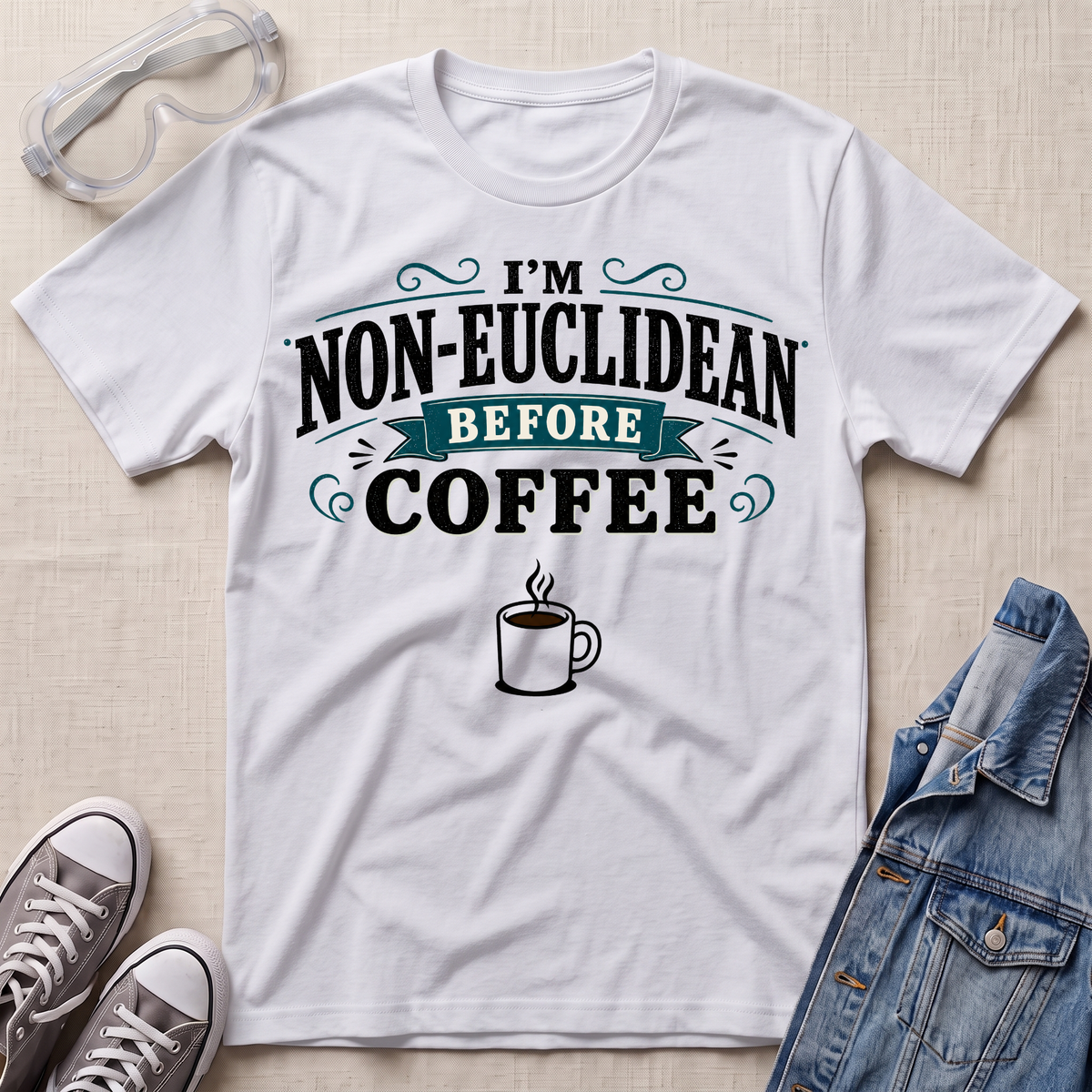 A white graphic t-shirt laid flat on a light beige textured background, styled with safety glasses, gray sneakers, and a denim jacket. The t-shirt features a graphic that reads 'I'M NON-EUCLIDEAN BEFORE COFFEE' in black and teal lettering, with a small coffee cup illustration below.