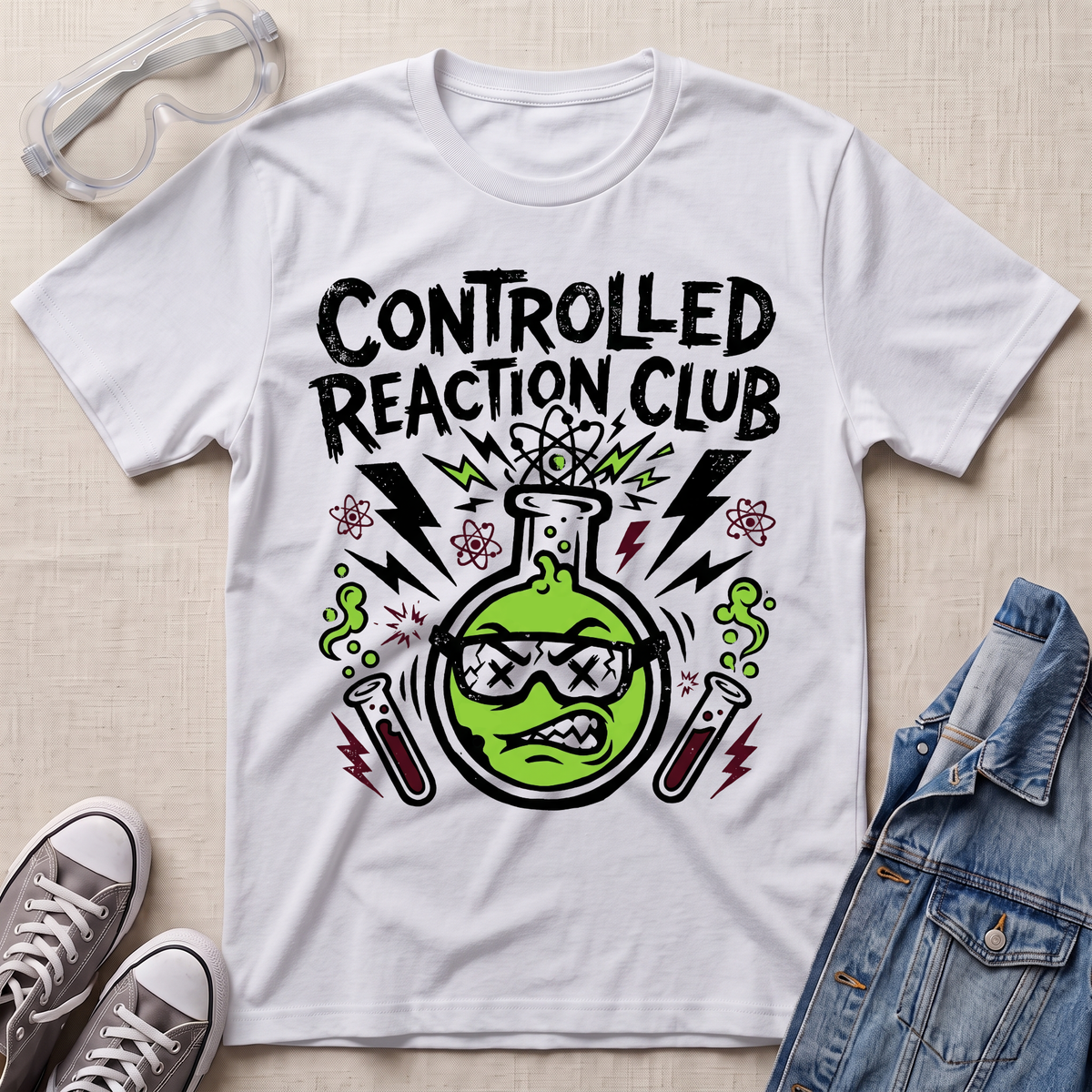 A white graphic t-shirt featuring a green beaker with sunglasses and the text 'CONTROLLED REACTION CLUB' in black. The shirt is styled in a flat-lay arrangement with safety goggles, sneakers, and a denim jacket on a light beige textured background.
