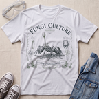 A white graphic T-shirt laid flat on a light fabric surface, surrounded by styling props including clear safety glasses, gray sneakers, and a blue denim jacket. The shirt features a vintage-style printed design reading “Fungi Culture” with an ant illustration and decorative text.