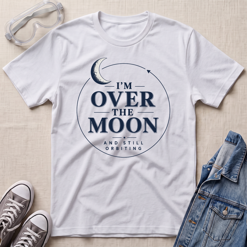 A white short-sleeve graphic T-shirt laid flat on a light beige fabric background, styled with clear safety goggles, gray sneakers, and a blue denim jacket. The shirt has a navy circular moon graphic with the text “I’M OVER THE MOON AND STILL ORBITING.