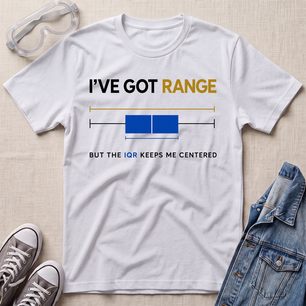 A white graphic t-shirt laid flat on a light beige textured surface, styled with safety goggles, gray sneakers, and a denim jacket. The t-shirt features a graphic with the text 'I'VE GOT RANGE BUT THE IQR KEEPS ME CENTERED' and a blue box plot illustration.