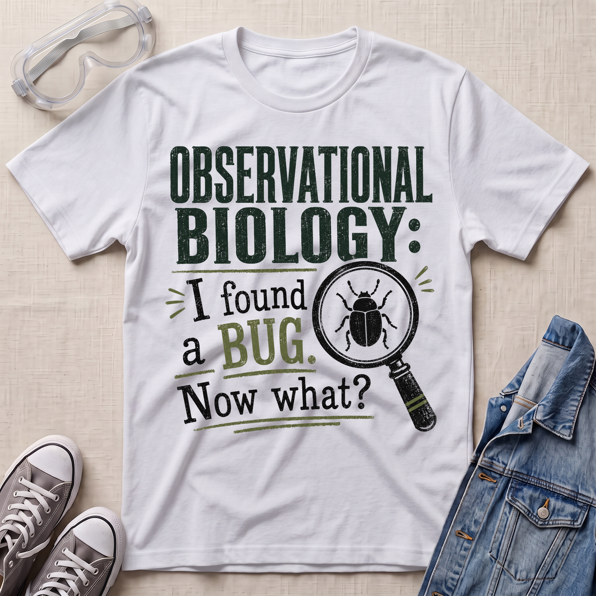 A white graphic t-shirt laid flat on a light beige textured background, surrounded by styling props including clear safety goggles, gray sneakers, and a blue denim jacket. The t-shirt features a dark green and black graphic that reads 'OBSERVATIONAL BIOLOGY: I found a BUG.