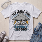 A white graphic T-shirt laid flat on a light fabric surface, surrounded by styling props including clear safety glasses, gray sneakers, and a blue denim jacket. The shirt features a storm-themed print with a gray cloud, lightning bolts, rain drops, and the text “I'M NOT A FAIR-WEATHER FRIEND BUT I DO HAVE STORMY MOODS.