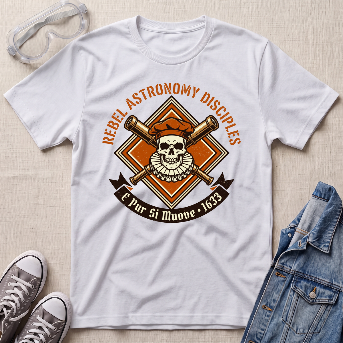 A white short-sleeve graphic T-shirt laid flat on a light fabric surface, styled with clear safety goggles, gray sneakers, and a blue denim jacket around it. The shirt has a large central graphic reading 'REBEL ASTRONOMY DISCIPLES' and 'E Pur Si Muove 1633' with a skull, ruff collar, crossed tools, and orange diamond elements.