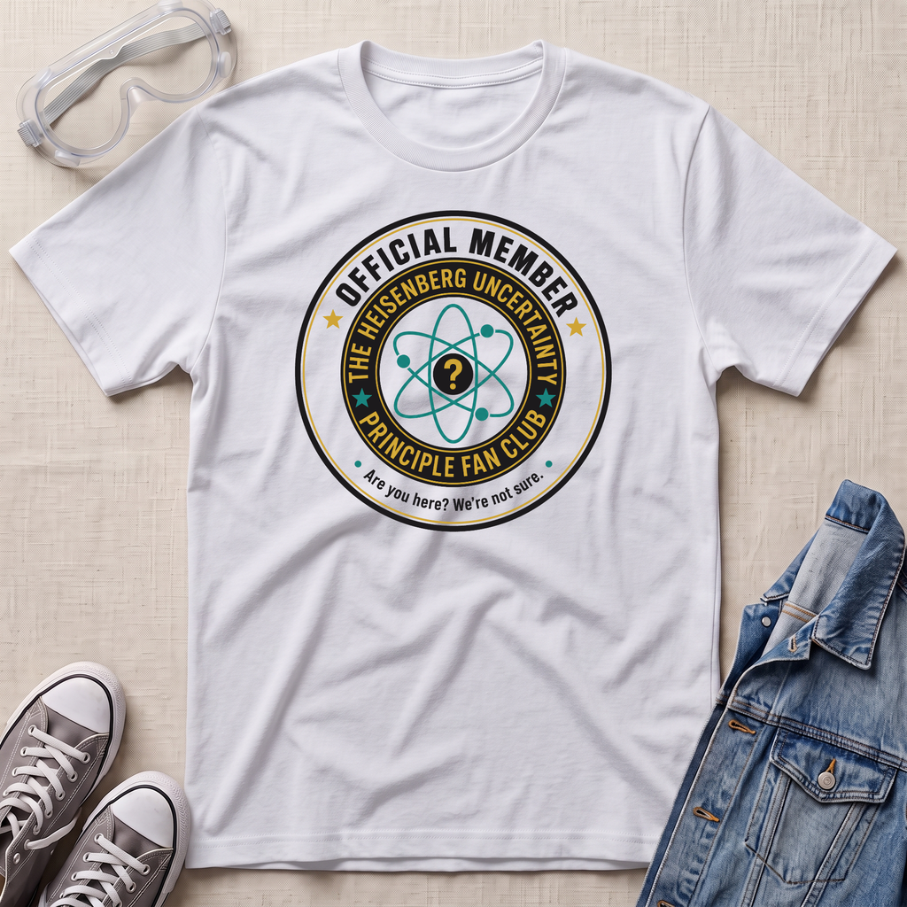 A white short-sleeve graphic T-shirt laid flat on a light beige fabric background, styled with clear safety goggles, gray sneakers, and a blue denim jacket. The shirt has a circular chest graphic reading 'OFFICIAL MEMBER THE HEISENBERG UNCERTAINTY PRINCIPLE FAN CLUB' with an atom illustration.