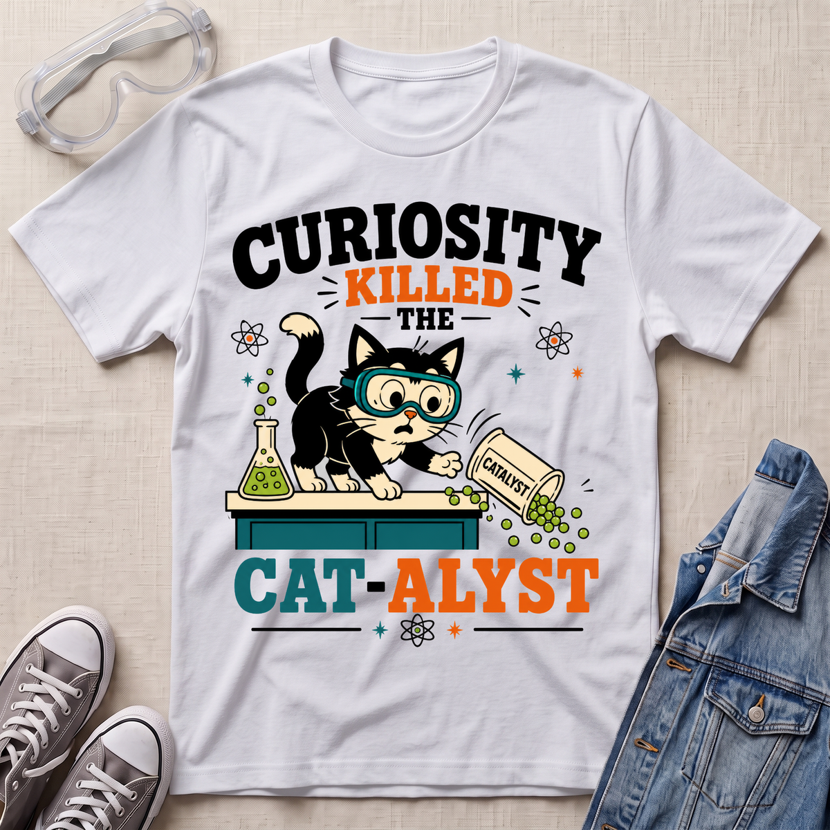 A white graphic T-shirt laid flat on a light fabric surface, styled with safety goggles, sneakers, and a denim jacket around it. The shirt features a cartoon cat wearing goggles and goggles over an open beaker, with the text 'CURIOSITY KILLED THE CAT-ALYST' and small chemical/molecule graphics.