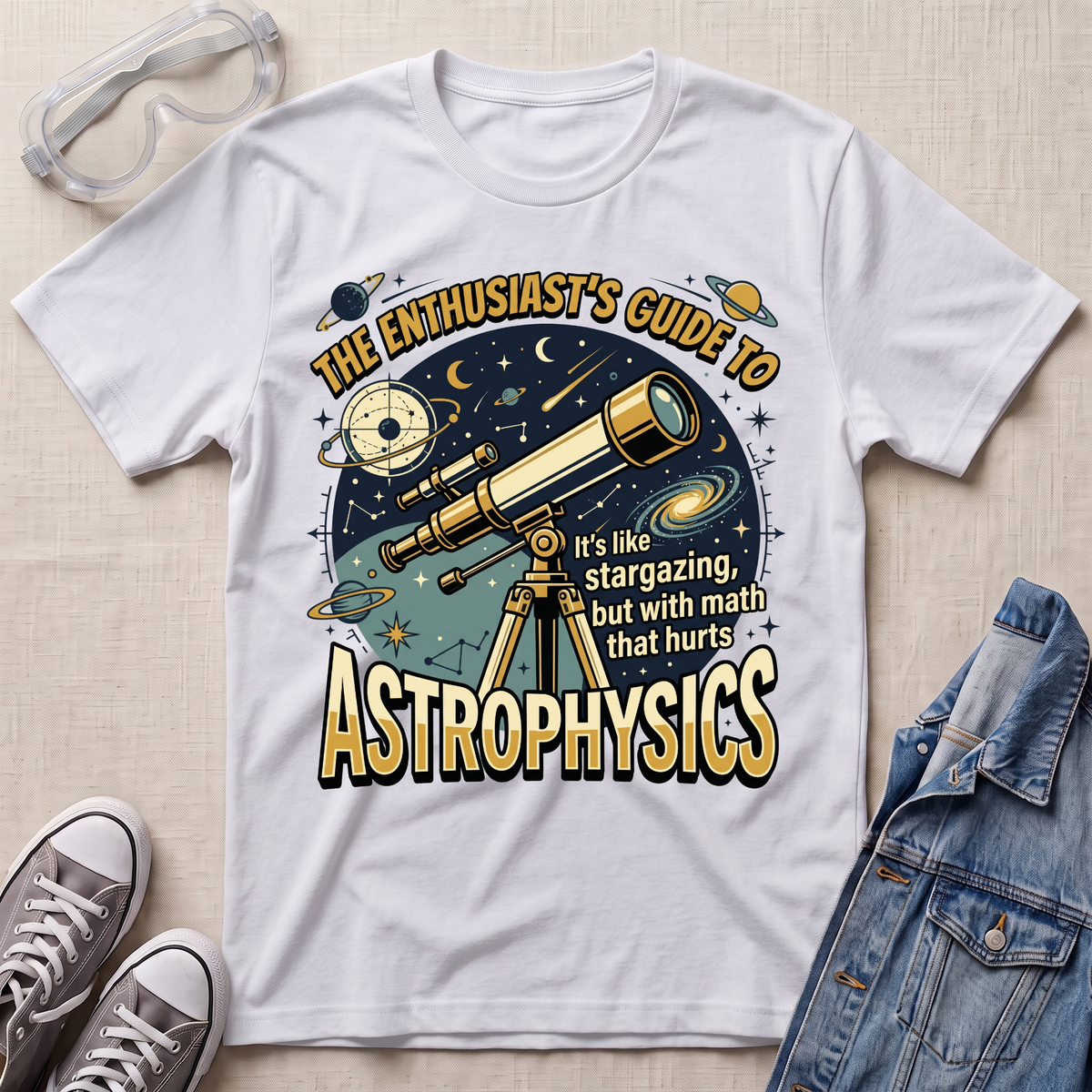 A white graphic T-shirt laid flat on a light fabric surface, surrounded by styled props including clear safety glasses, gray sneakers, and a blue denim jacket. The shirt features a large space-themed print with a telescope, planets, stars, and text reading “The Enthusiast’s Guide to Astrophysics” and “It’s like stargazing, but with math that hurts.