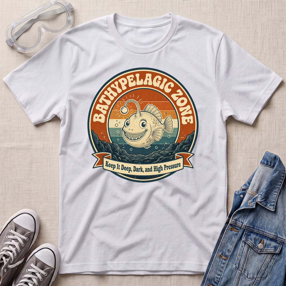 A white short-sleeve graphic T-shirt laid flat on a light fabric surface, surrounded by styling props including clear safety goggles, gray sneakers, and a blue denim jacket. The shirt has a large circular retro fish graphic with the text 'BATHYPELAGIC ZONE' and a banner reading 'Keep it Deep, Dark, and High Pressure.