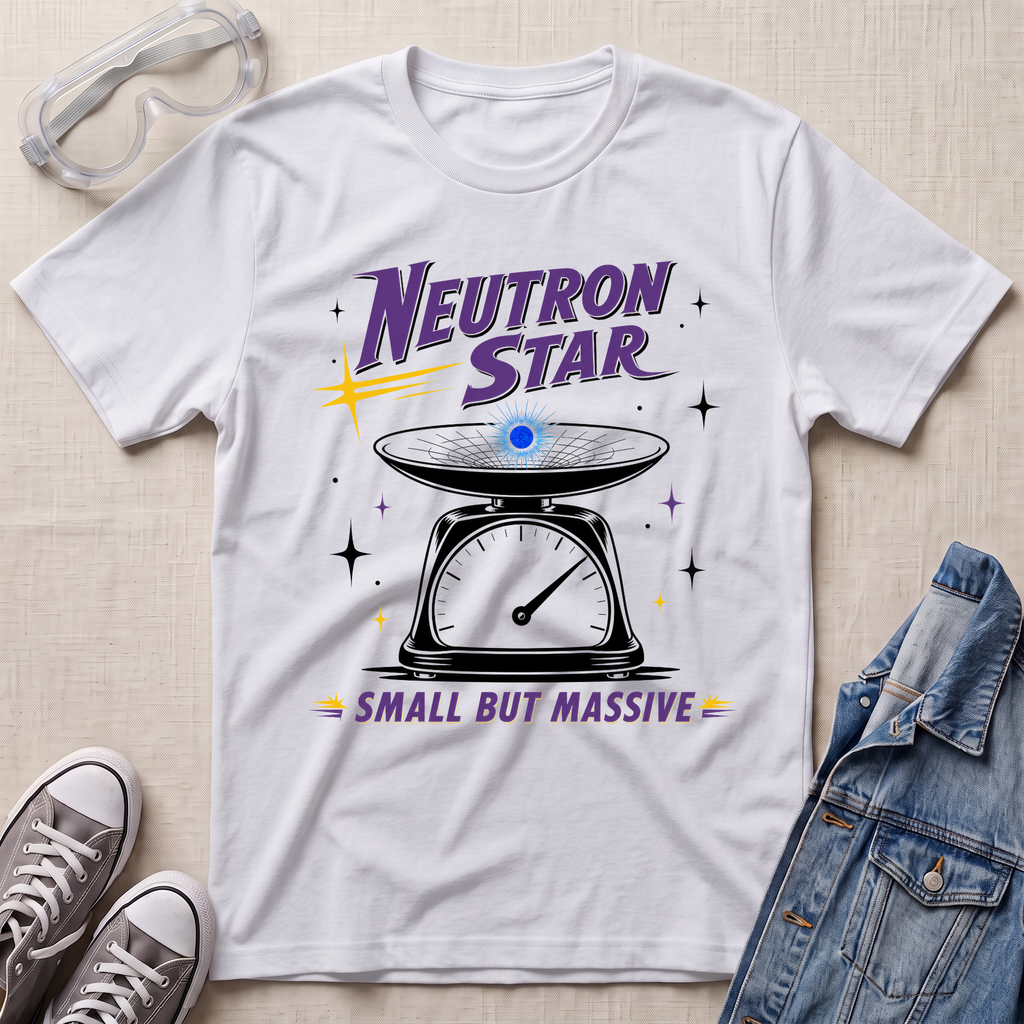 A white graphic t-shirt laid flat on a light beige textured surface, styled with safety goggles, gray sneakers, and a denim jacket. The t-shirt features a purple and black graphic of a scale with a glowing blue neutron, with the text 'Neutron Star' and 'Small But Massive'.