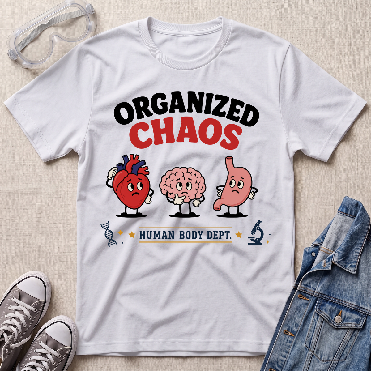 A white graphic t-shirt laid flat on a light beige fabric background, styled with clear safety goggles, gray sneakers, and a blue denim jacket. The t-shirt features a cartoon graphic of a red heart, a pink brain, and a pink stomach with the text 'ORGANIZED CHAOS' and 'HUMAN BODY DEPT.