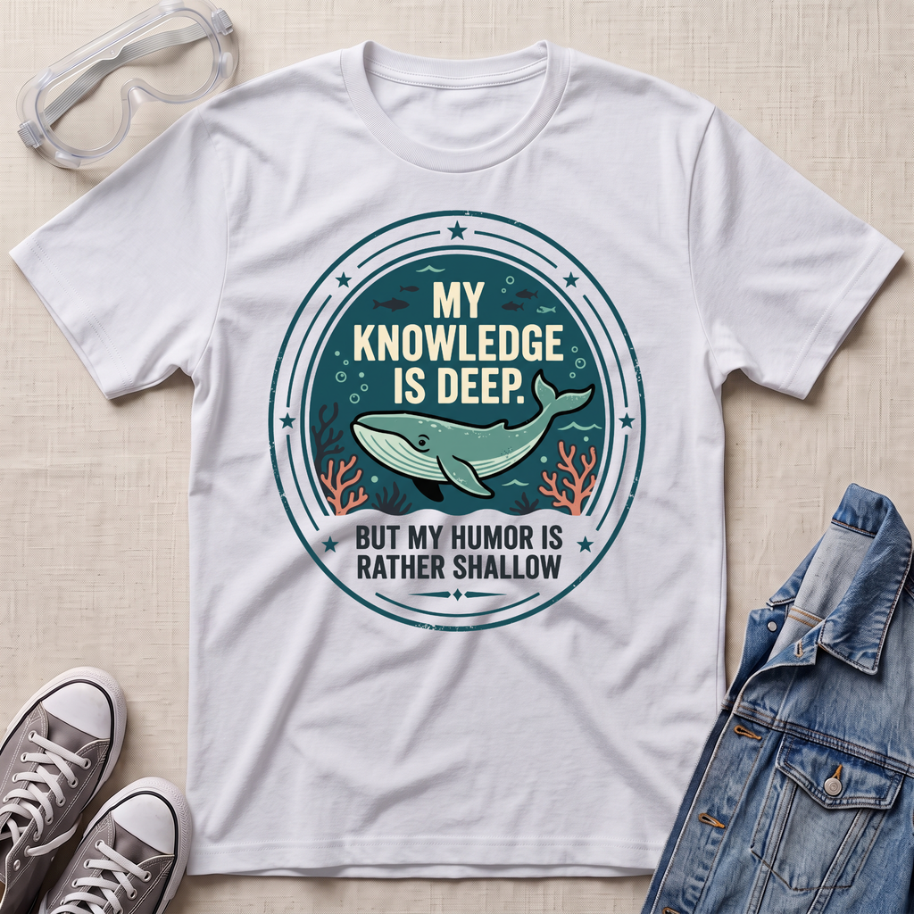 A white graphic t-shirt laid flat on a light beige textured background, surrounded by styling props including clear safety goggles, gray sneakers, and a blue denim jacket. The t-shirt features a circular graphic with a whale and the text 'MY KNOWLEDGE IS DEEP BUT MY HUMOR IS RATHER SHALLOW'.